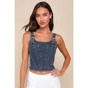 Lulus Popular Icon Dark Wash Denim Bustier Crop Top Blue - Size M